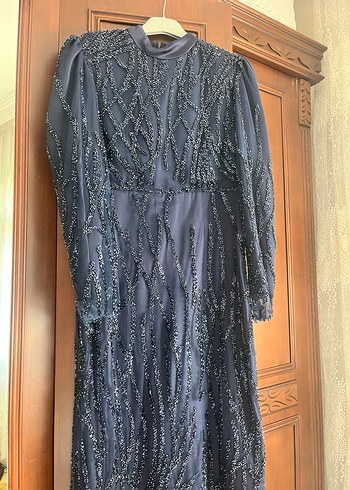 Uzun Kol Drapeli Lacivert Abiye Elbise - Görsel 5