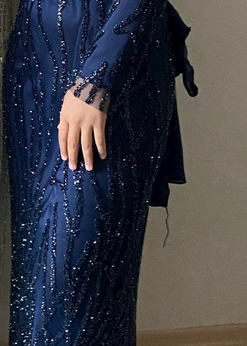 Uzun Kol Drapeli Lacivert Abiye Elbise - Görsel 2