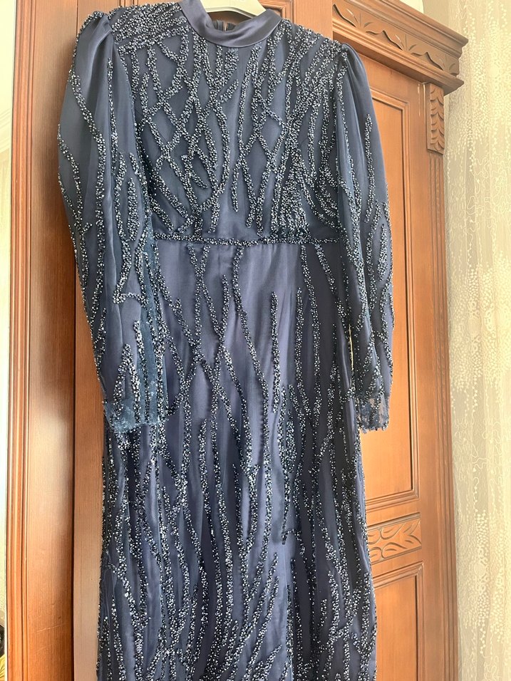 Uzun Kol Drapeli Lacivert Abiye Elbise - Görsel 4