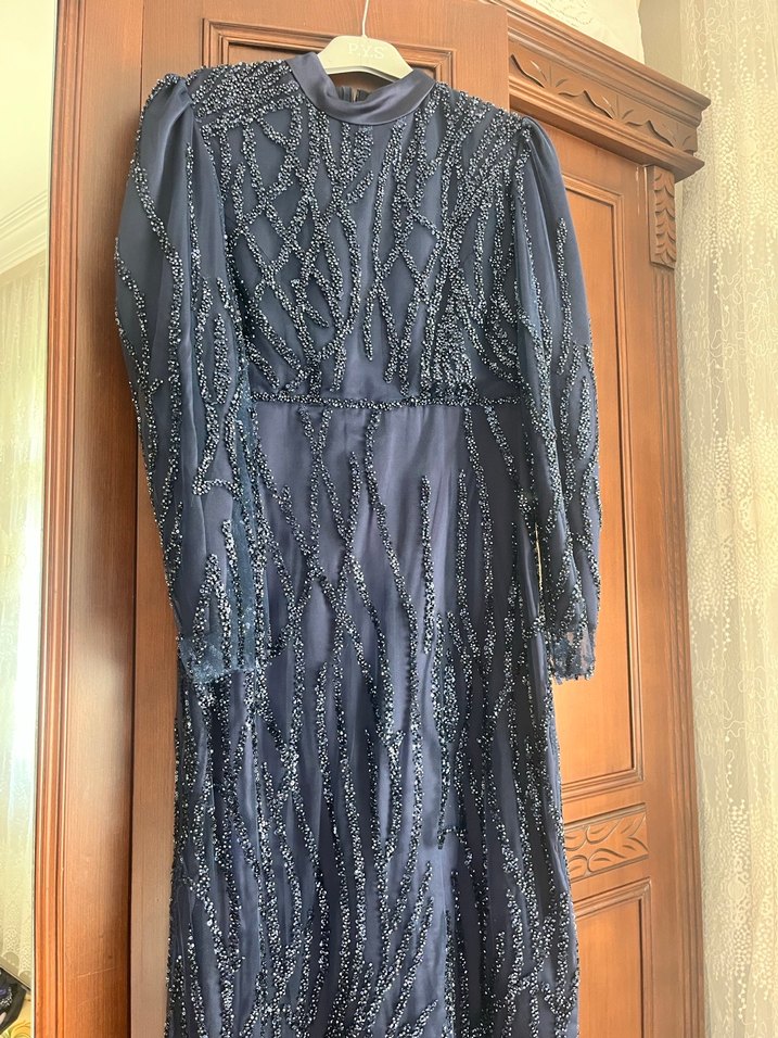 Uzun Kol Drapeli Lacivert Abiye Elbise - Görsel 5