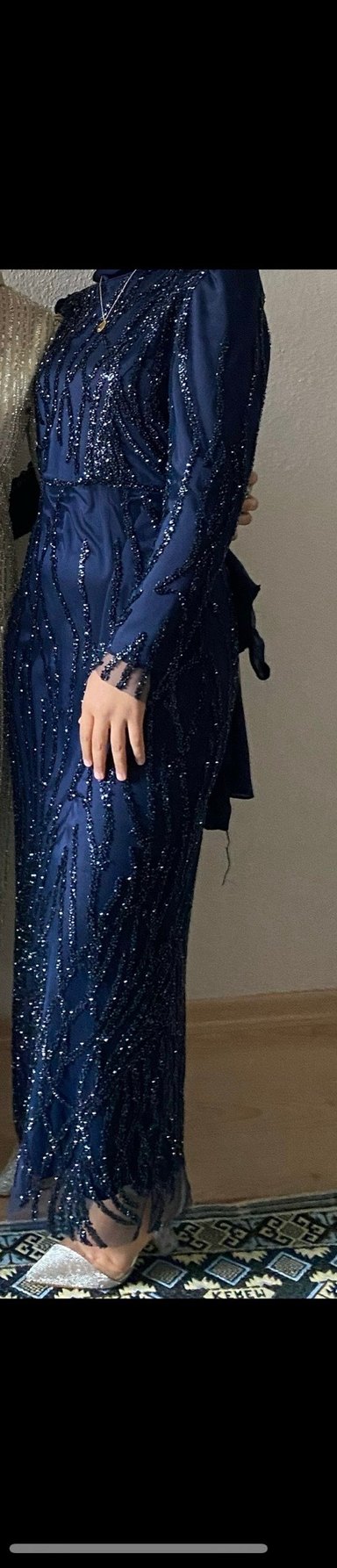 Uzun Kol Drapeli Lacivert Abiye Elbise - Görsel 2