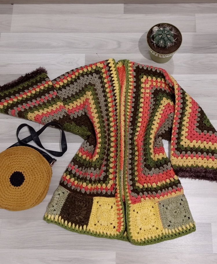 Renkli Örgü Kısa Bohem Hırka - Görsel 2
