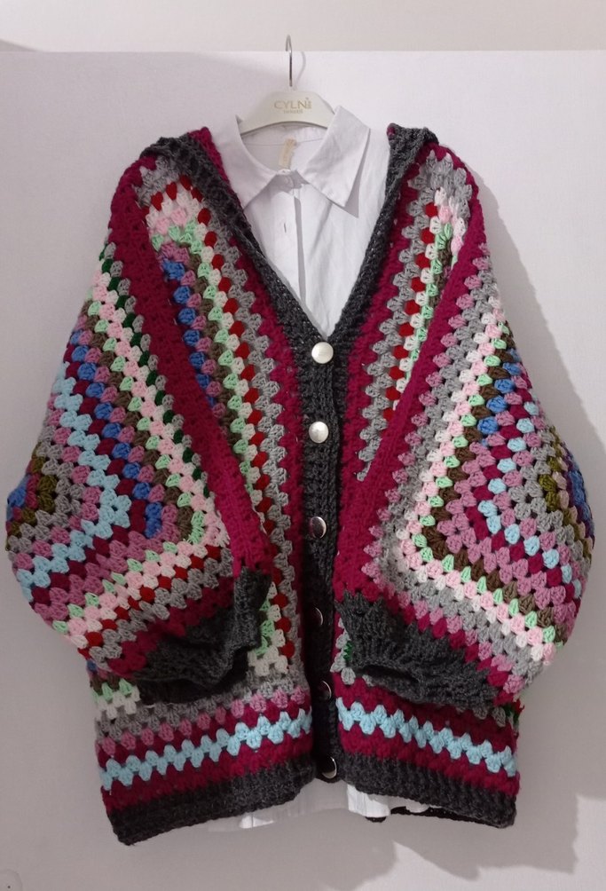 Kapüşonlu, Renkli, Uzun Örgü Kadın Hırka - Görsel 2