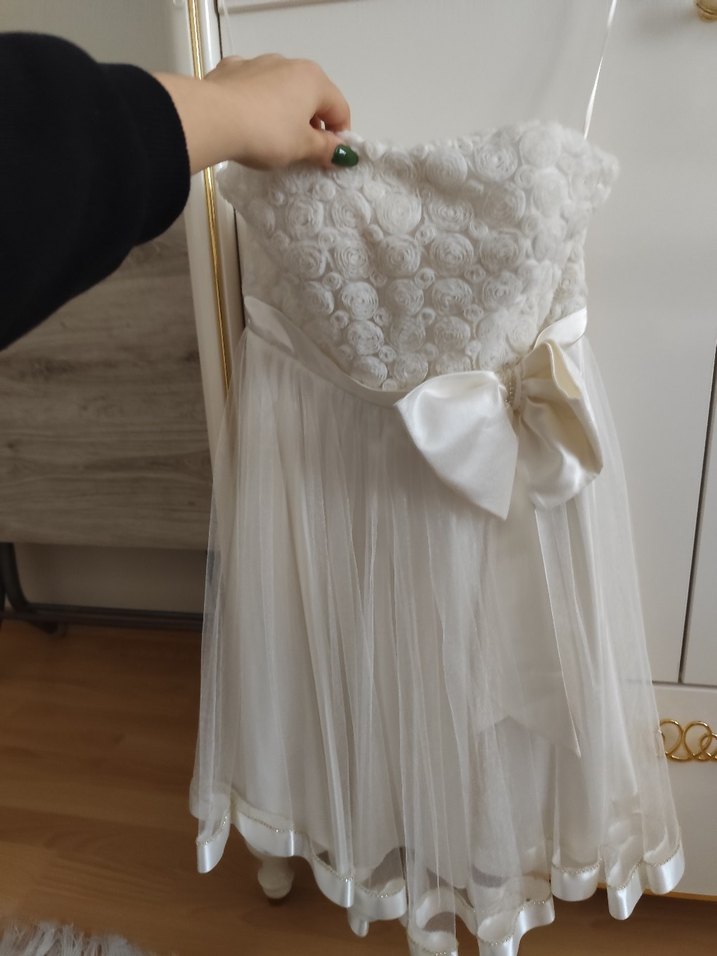 Beyaz Midi Straplez Mini Gelinlik - Görsel 2