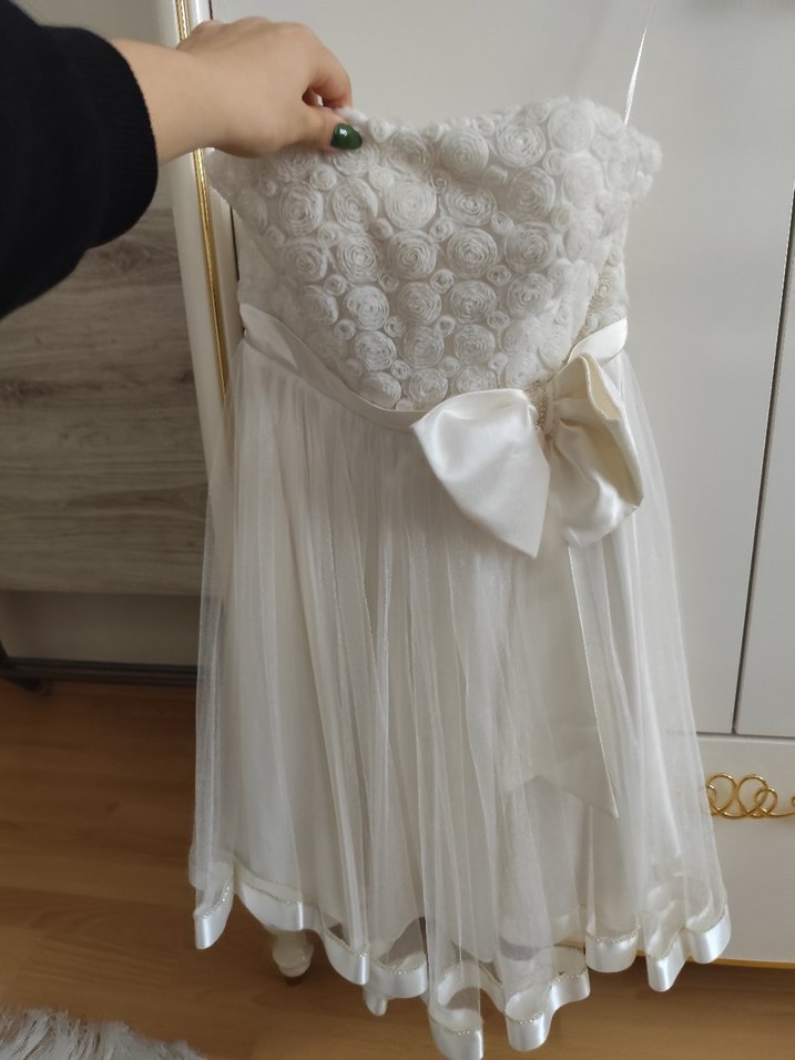 Beyaz Midi Straplez Mini Gelinlik - Görsel 3