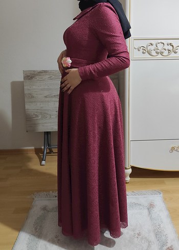 Bordo Uzun Kollu Hamile Abiye Elbise - Görsel 2