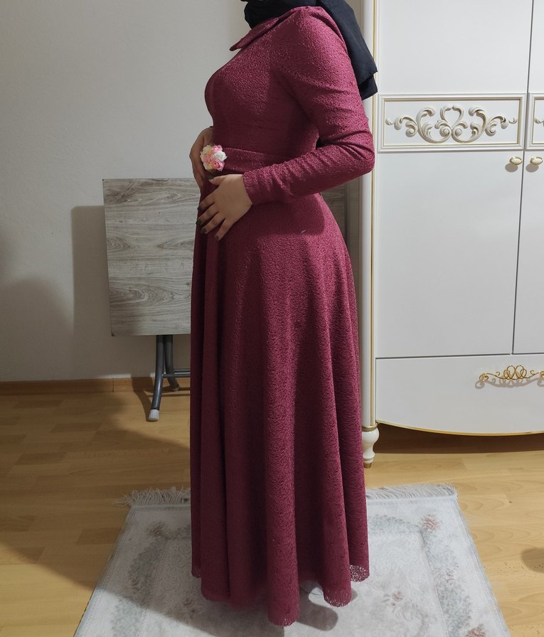 Bordo Uzun Kollu Hamile Abiye Elbise - Görsel 2