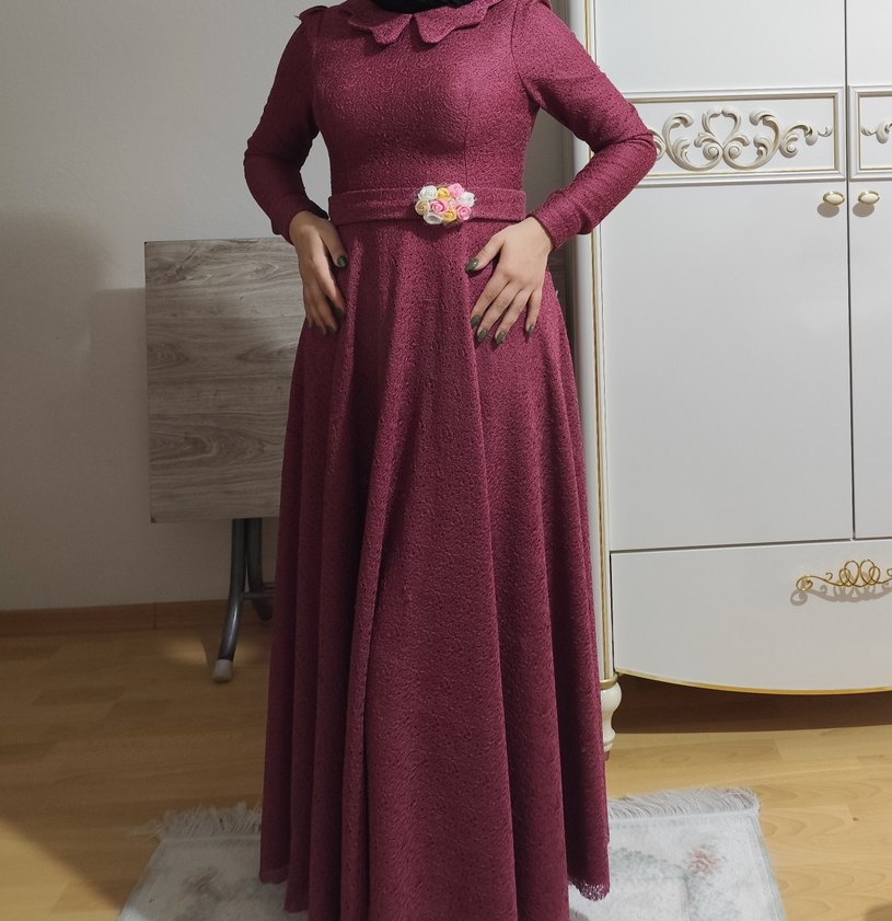 Bordo Uzun Kollu Hamile Abiye Elbise - Görsel 4