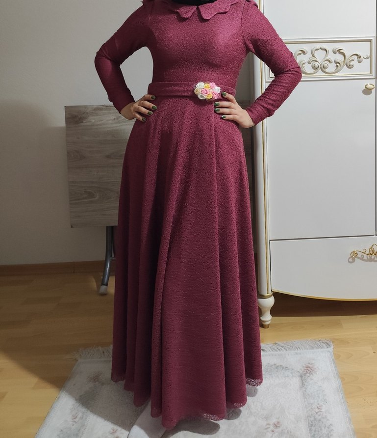 Bordo Uzun Kollu Hamile Abiye Elbise - Görsel 3