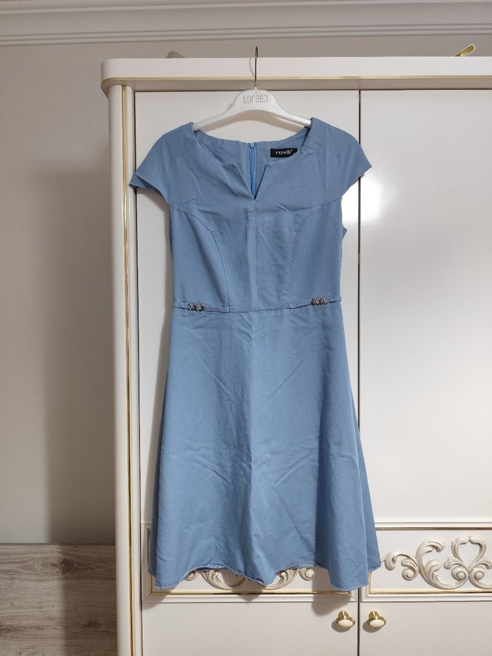 Mavi Midi Kemerli Günlük Elbise - Görsel 2