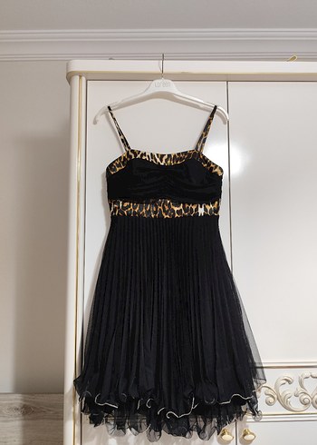 Leopar Desenli Siyah Midi Abiye Elbise - Görsel 2