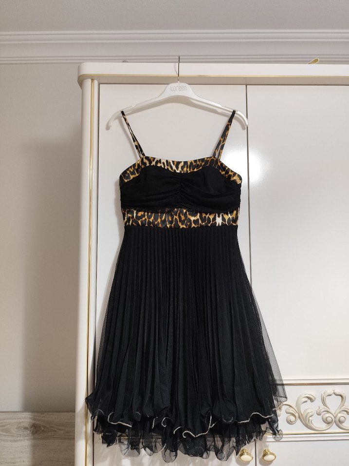 Leopar Desenli Siyah Midi Abiye Elbise - Görsel 2