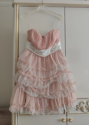 Pudra Pileli Mini Straplez Abiye Elbise - Görsel 2