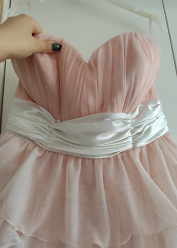 Pudra Pileli Mini Straplez Abiye Elbise - Görsel 3