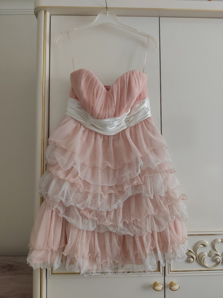 Pudra Pileli Mini Straplez Abiye Elbise - Görsel 2