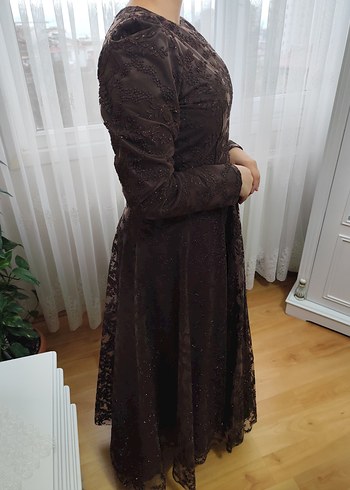 Kahverengi Nakışlı Uzun Kollu Vintage Elbise - Görsel 3