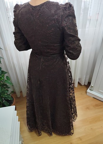 Kahverengi Nakışlı Uzun Kollu Vintage Elbise - Görsel 4