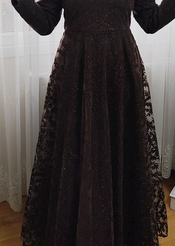 Kahverengi Nakışlı Uzun Kollu Vintage Elbise - Görsel 2