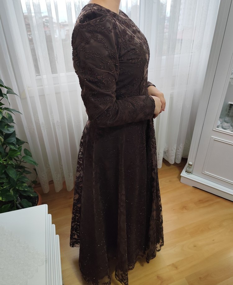 Kahverengi Nakışlı Uzun Kollu Vintage Elbise - Görsel 3