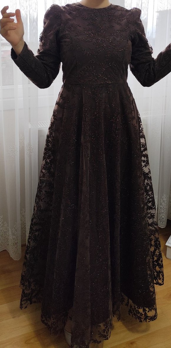 Kahverengi Nakışlı Uzun Kollu Vintage Elbise - Görsel 2