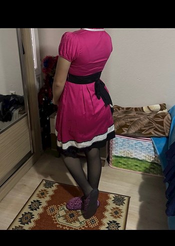 Pembe V Yaka Pilili Midi Elbise - Görsel 2