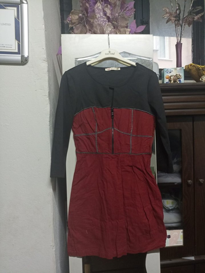 Bordo V Yaka Uzun Kollu Günlük Elbise - Görsel 2