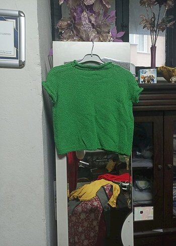 Yeşil Kısa Kollu Örgü Kadın Kazak - Görsel 2