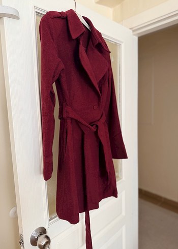 Bordo Midi Kemerli Kadın Kaban - Görsel 3