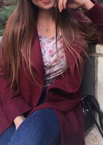 Bordo Midi Kemerli Kadın Kaban - Görsel 5