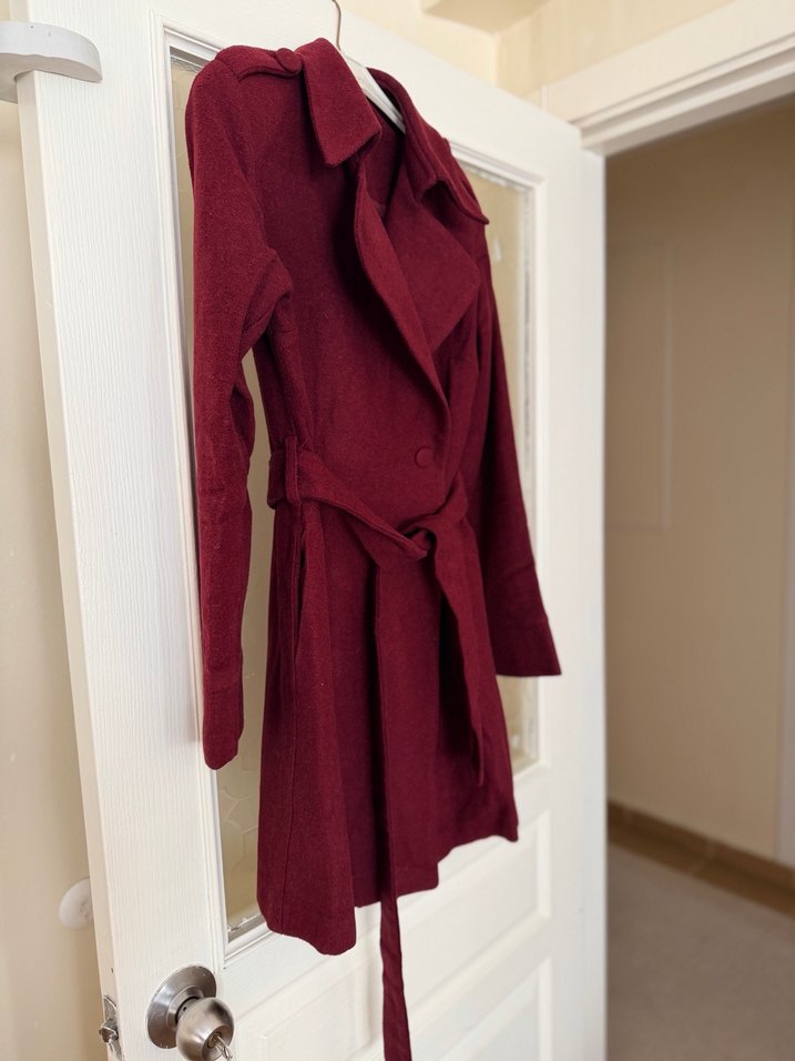 Bordo Midi Kemerli Kadın Kaban - Görsel 3