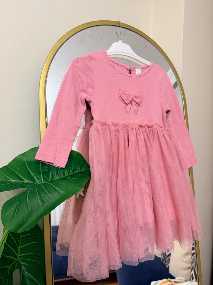 Pembe Uzun Kollu Nakış Detaylı Kız Elbisesi - Görsel 2