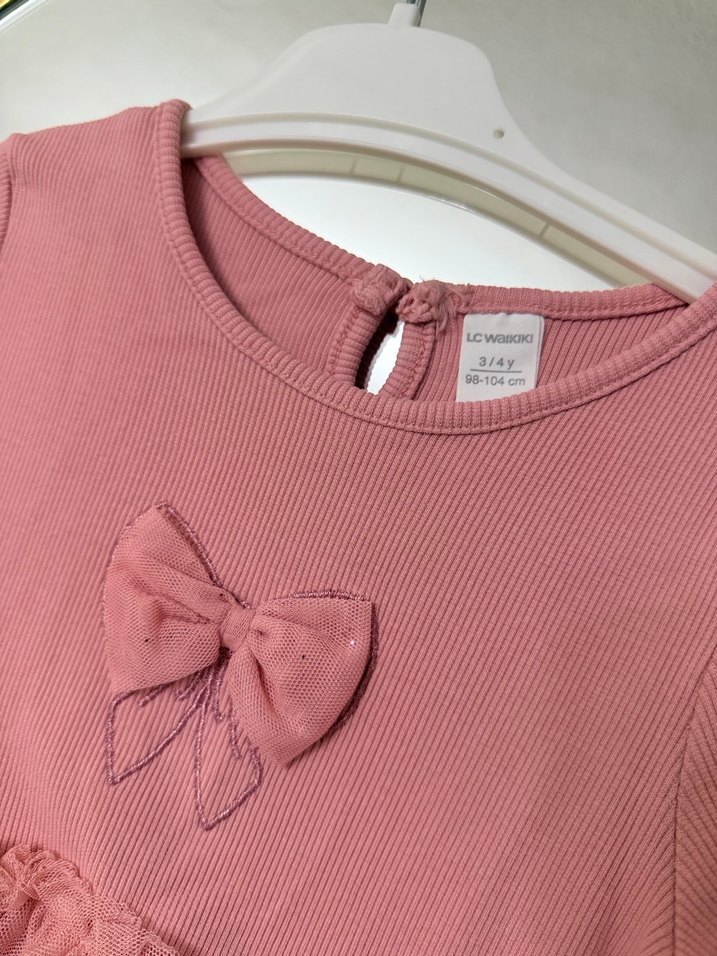 Pembe Uzun Kollu Nakış Detaylı Kız Elbisesi - Görsel 3