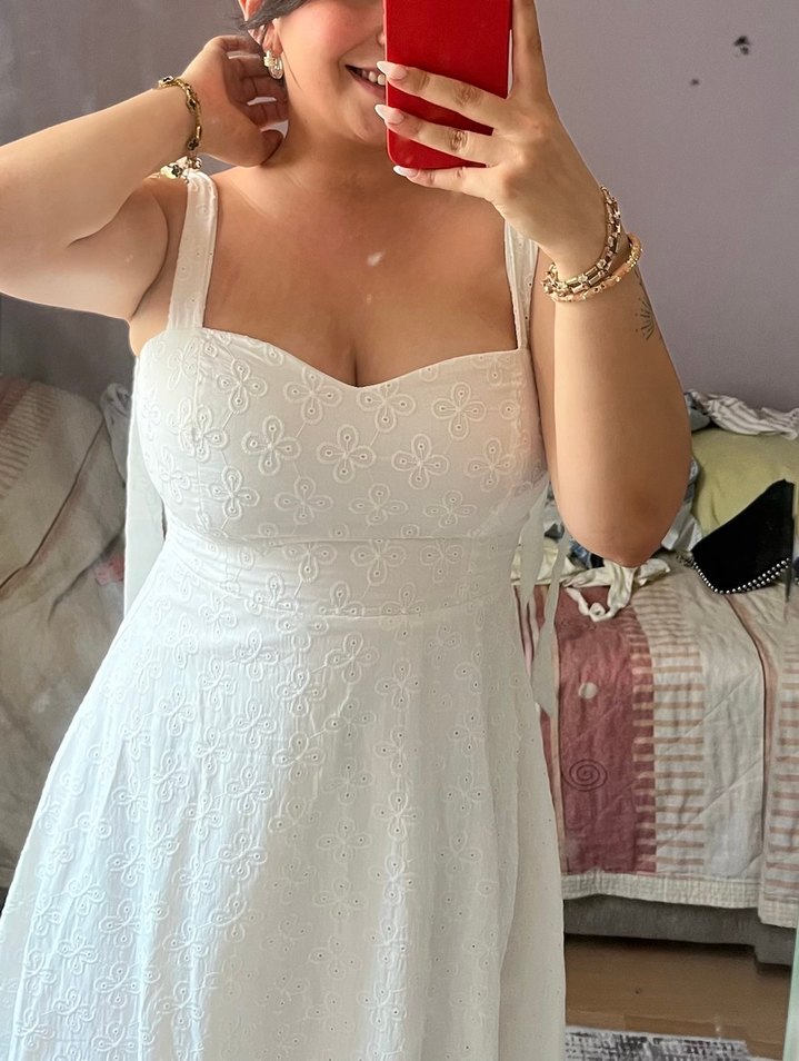 Beyaz Midi V Yakalı Kolsuz Elbise - Görsel 2