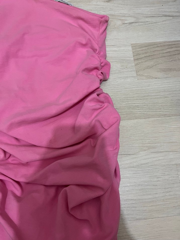 Pembe Drapeli Straplez Mini Elbise - Görsel 3