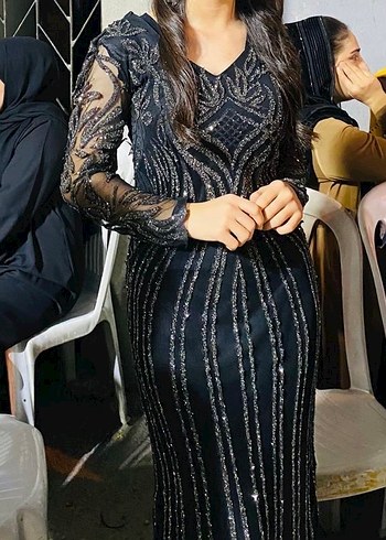 Boncuk İşlemeli Siyah Uzun Abiye Elbise - Görsel 4