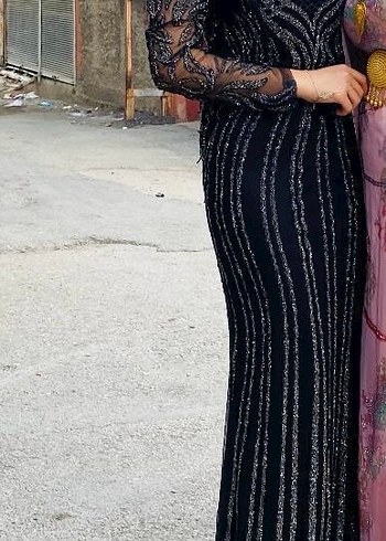 Boncuk İşlemeli Siyah Uzun Abiye Elbise - Görsel 3