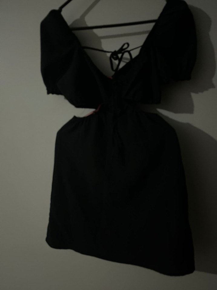 Siyah V Yakalı Strappy Mini Elbise - Görsel 2