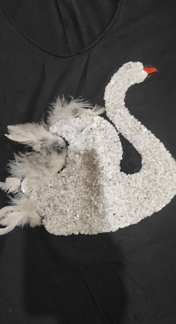 Tüy Detaylı Kuğu Baskılı Kısa Koll Tişört - Görsel 2