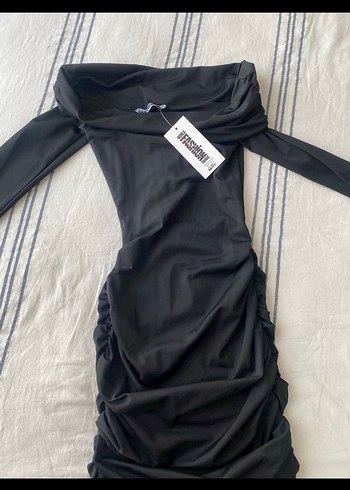 Uzun Kollu Drapeli Siyah Midi Elbise - Görsel 2