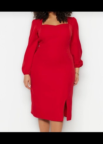 Kırmızı Uzun Kollu Kalem Elbise - Görsel 3