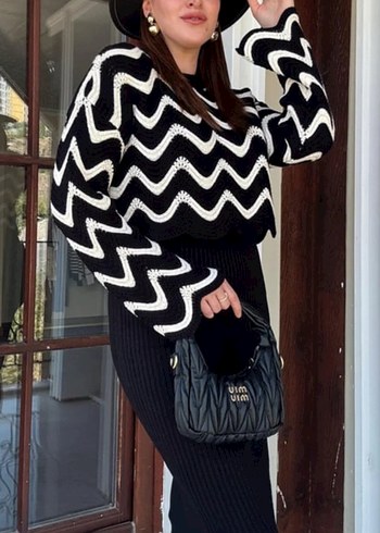 Siyah beyaz Zebra Desenli Uzun Yaka Kadın Kazak ve Triko Elbise - Görsel 3