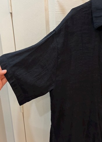 Kadın Siyah Keten Gömlek, Düğmeli, Salaş Kesim - Görsel 2