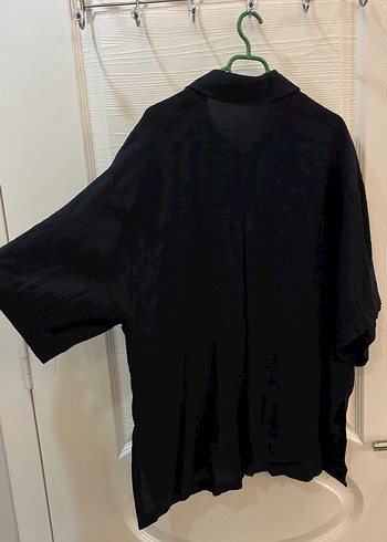 Kadın Siyah Keten Gömlek, Düğmeli, Salaş Kesim - Görsel 4