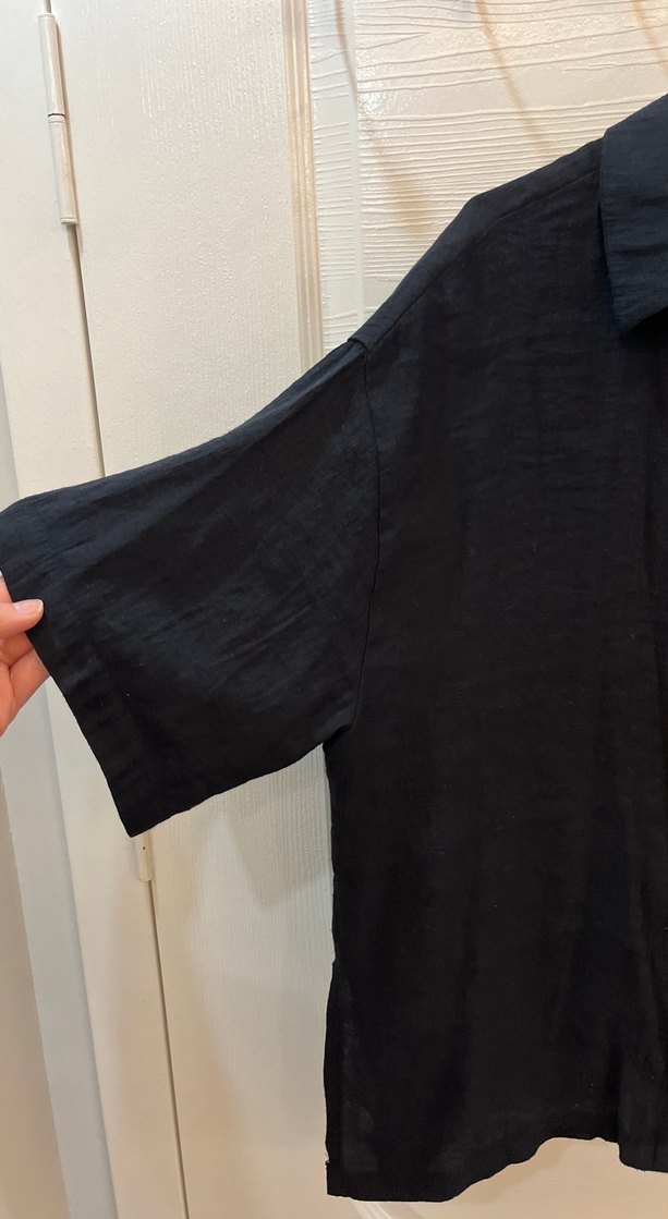 Kadın Siyah Keten Gömlek, Düğmeli, Salaş Kesim - Görsel 2