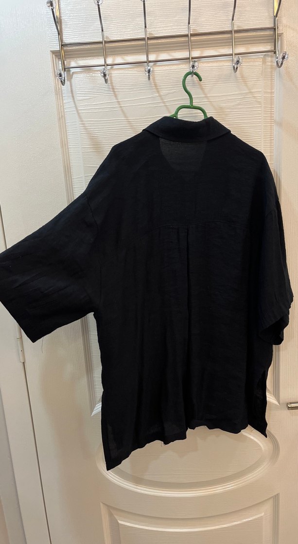 Kadın Siyah Keten Gömlek, Düğmeli, Salaş Kesim - Görsel 4