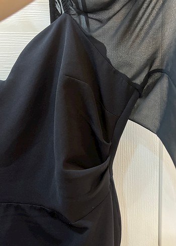 Şeffaf Detaylı Siyah Straplez Midi Elbise - Görsel 9