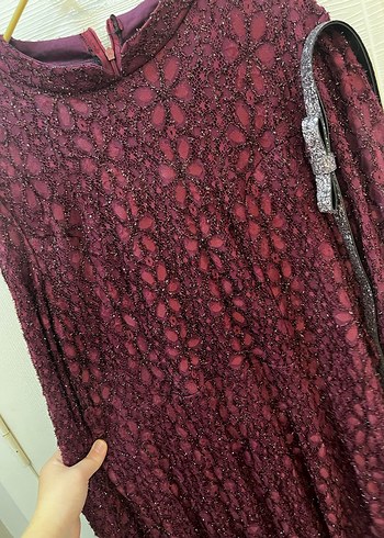 Tesettür Bordo Dantel İşlemeli Uzun Kollu Elbise - Görsel 5