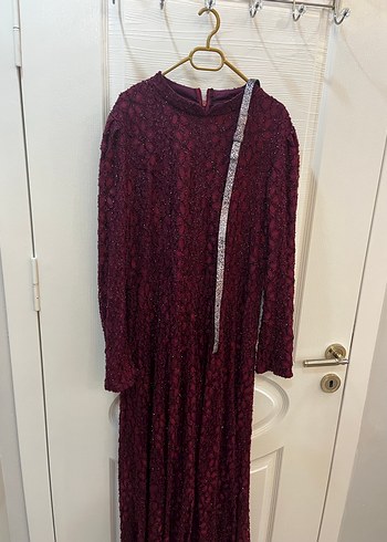 Tesettür Bordo Dantel İşlemeli Uzun Kollu Elbise - Görsel 3