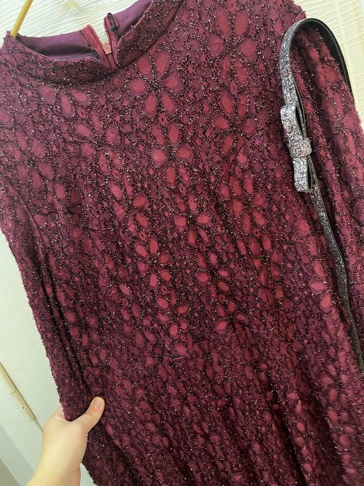 Tesettür Bordo Dantel İşlemeli Uzun Kollu Elbise - Görsel 5