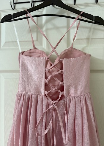 Pudra Pembe Uzun İnce Askılı Sırt Dekolteli Yırtmaçlı Abiye - Görsel 5